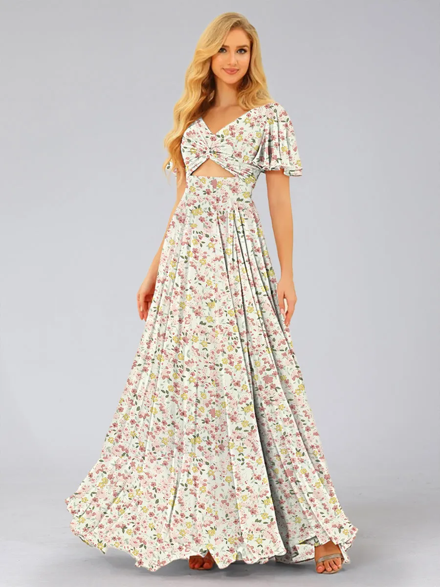 A-Line/Princess V-Neck Short Sleeves Ruched Floral Bridesmaid Dresses sold by Lavetir product image thumbnail 3