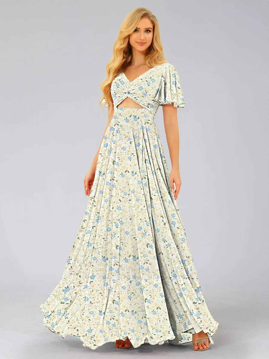 A-Line/Princess V-Neck Short Sleeves Ruched Floral Bridesmaid Dresses sold by Lavetir