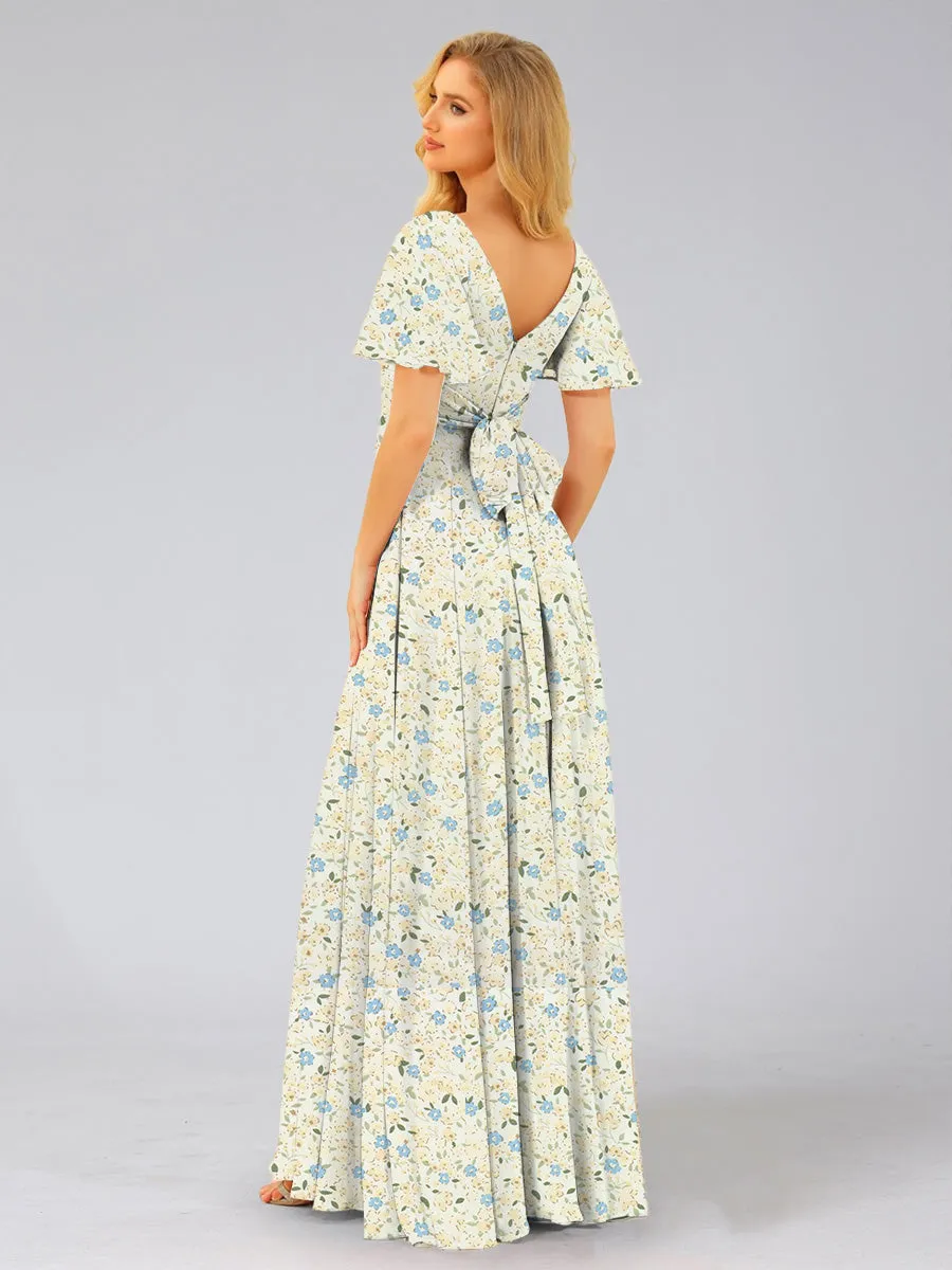 A-Line/Princess V-Neck Short Sleeves Ruched Floral Bridesmaid Dresses sold by Lavetir product image thumbnail 2