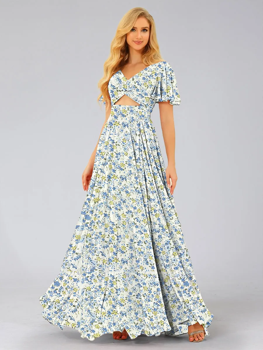 A-Line/Princess V-Neck Short Sleeves Ruched Floral Bridesmaid Dresses sold by Lavetir product image thumbnail 5