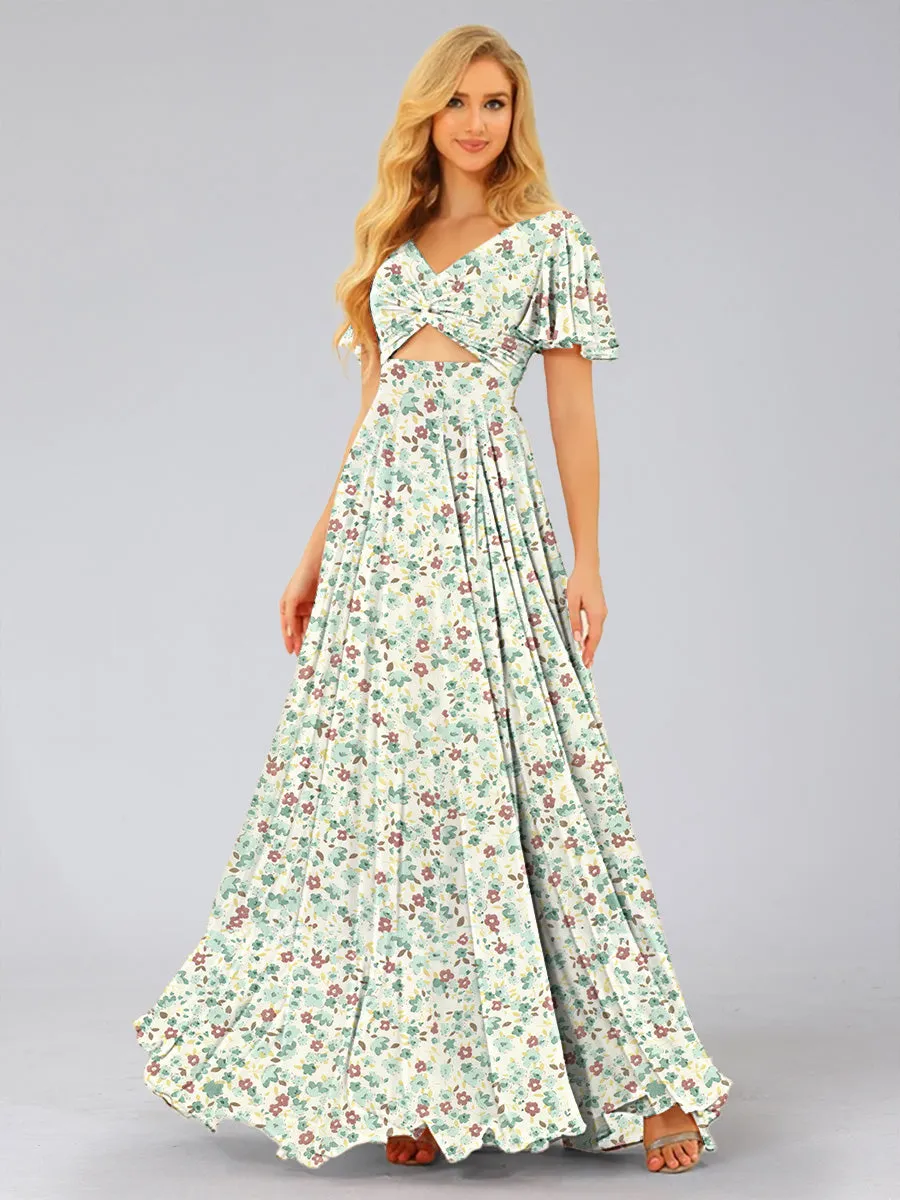 A-Line/Princess V-Neck Short Sleeves Ruched Floral Bridesmaid Dresses sold by Lavetir product image thumbnail 4