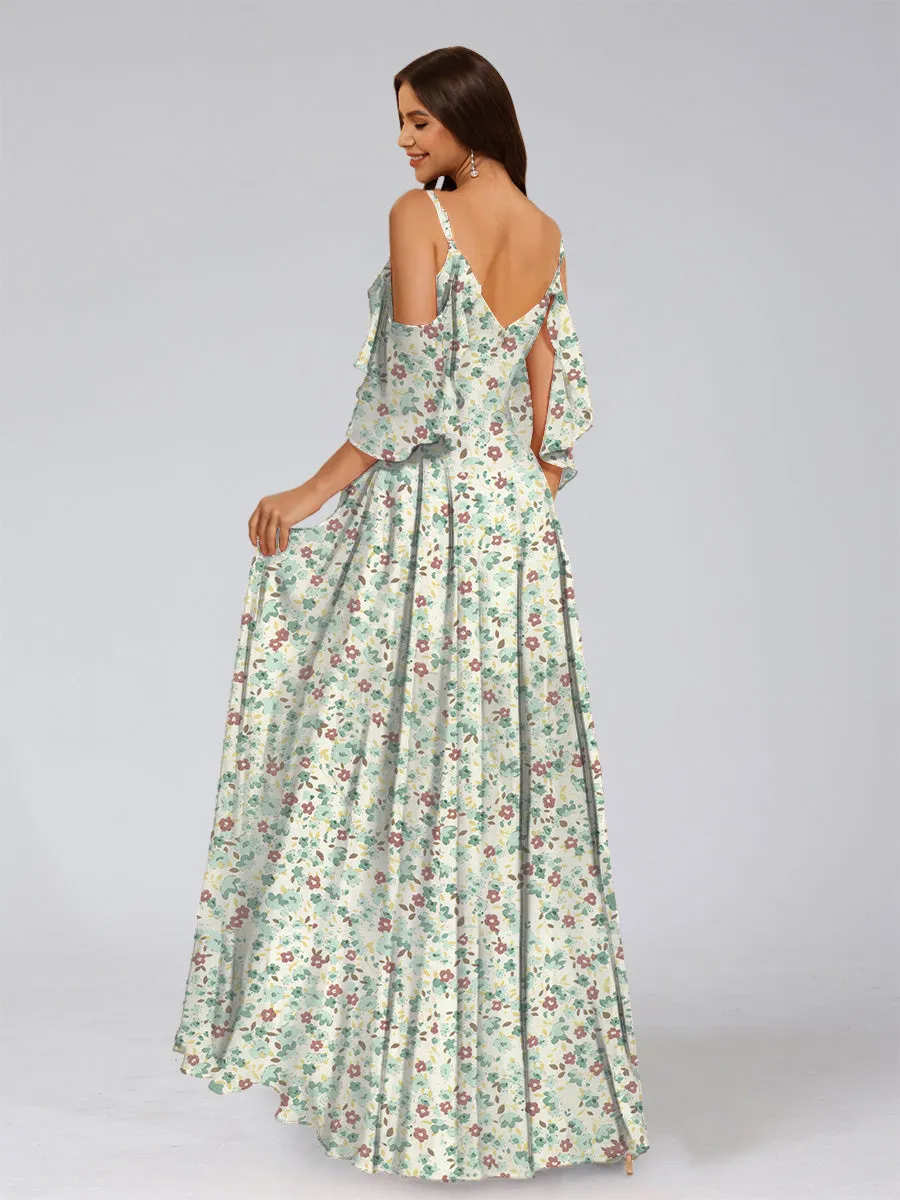 A-Line/Princess Cold Shoulder Half Sleeves Split Side Floral Bridesmaid Dresses sold by Lavetir product image thumbnail 2