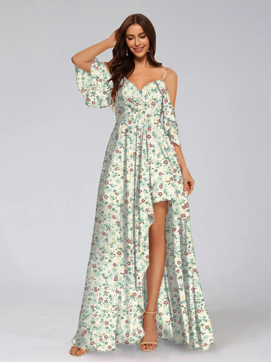 A-Line/Princess Cold Shoulder Half Sleeves Split Side Floral Bridesmaid Dresses sold by Lavetir