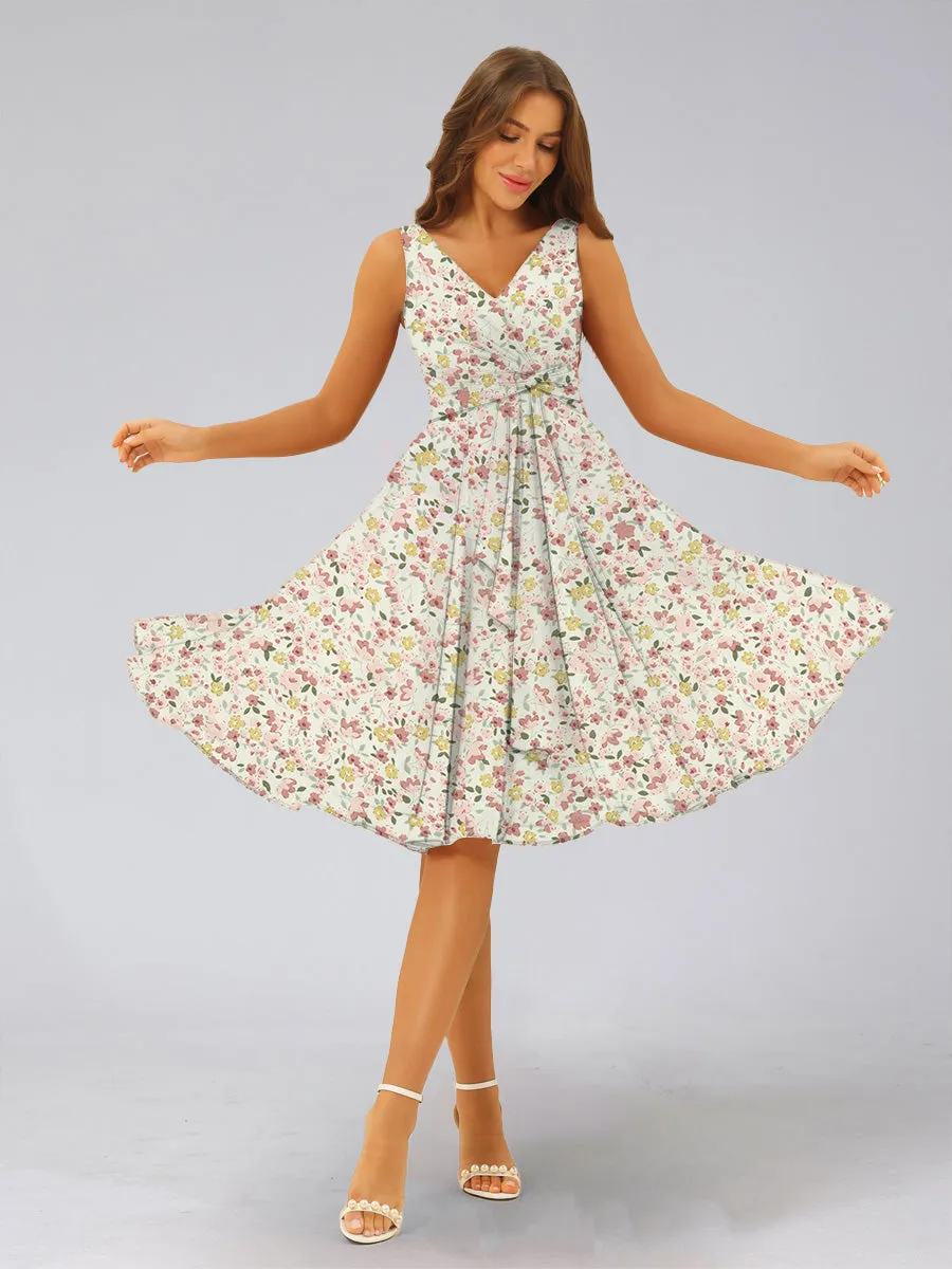 A-Line/Princess V-Neck Sleeveless Ruched Floral Bridesmaid Dresses sold by Lavetir