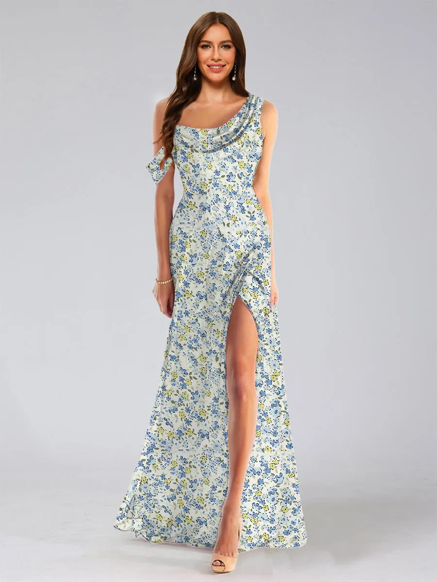 Sheath/Column Asymmetrical Sleeveless Ruched Floral Bridesmaid Dresses sold by Lavetir product image thumbnail 5