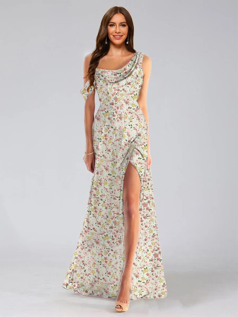 Sheath/Column Asymmetrical Sleeveless Ruched Floral Bridesmaid Dresses sold by Lavetir product image thumbnail 3