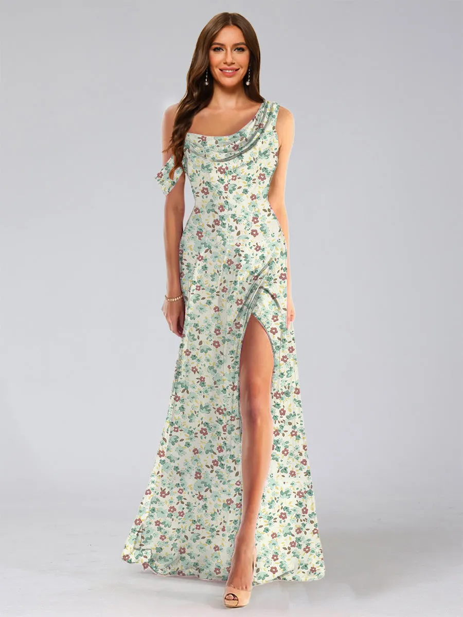 Sheath/Column Asymmetrical Sleeveless Ruched Floral Bridesmaid Dresses sold by Lavetir product image thumbnail 4