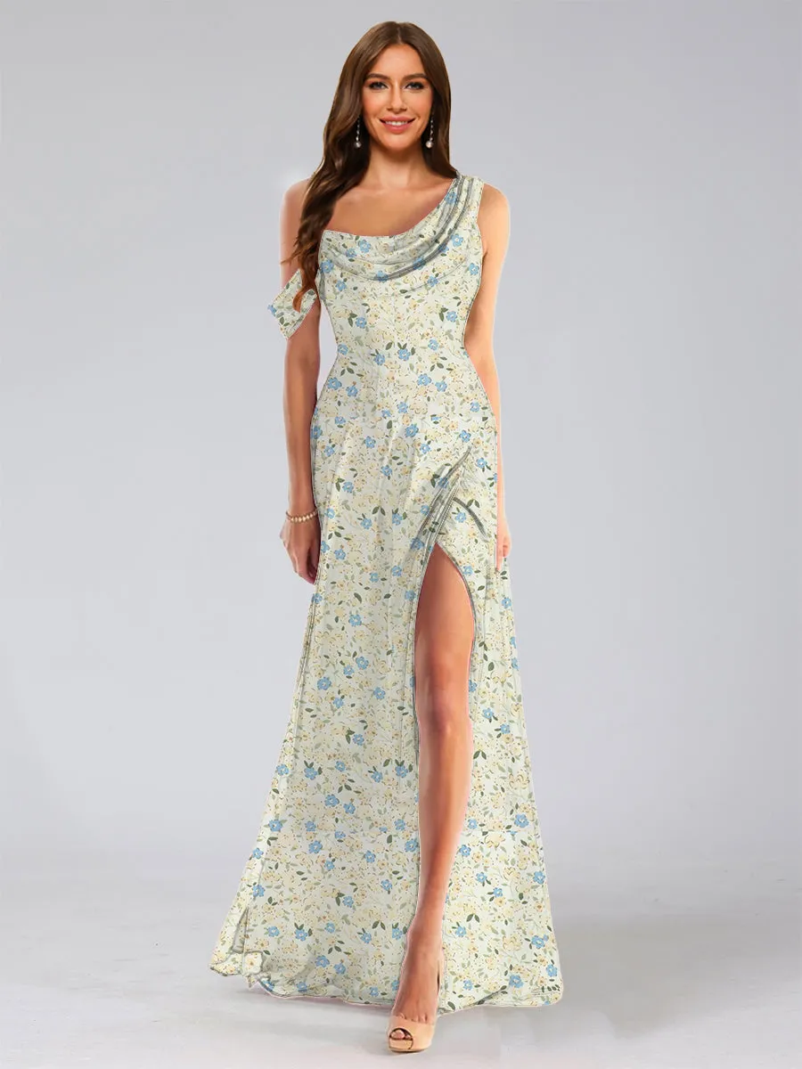 Sheath/Column Asymmetrical Sleeveless Ruched Floral Bridesmaid Dresses sold by Lavetir