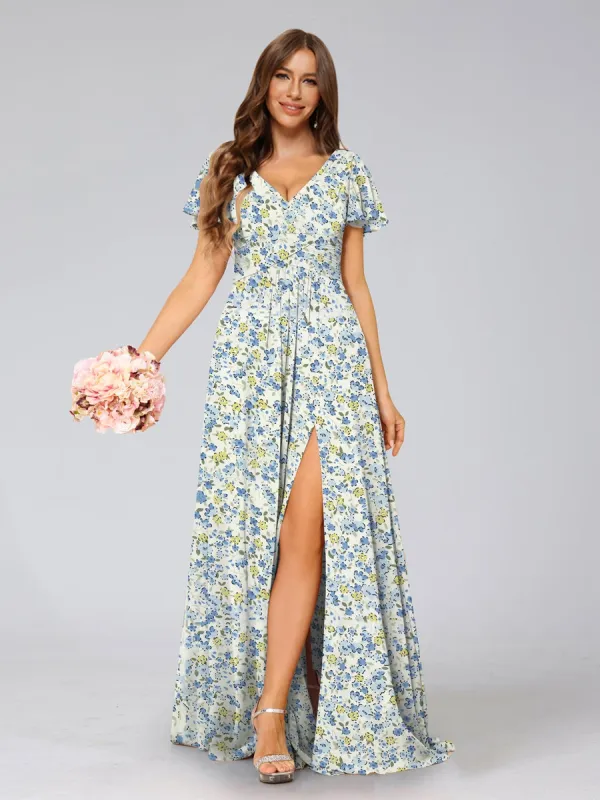 A-Line/Princess V-Neck Short Sleeves Split Side Floral Bridesmaid Dresses sold by Lavetir