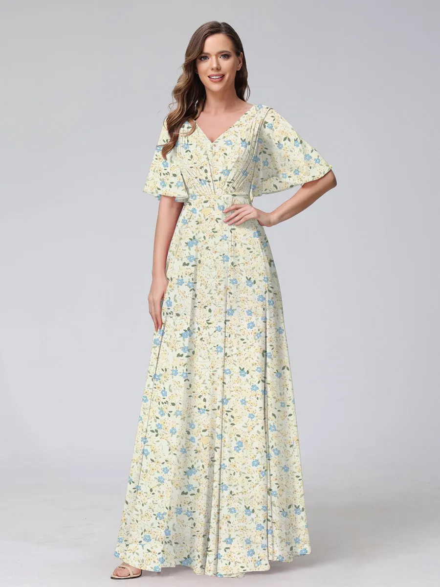 A-Line/Princess V-Neck Short Sleeves Pleats Floral Bridesmaid Dresses sold by Lavetir product image thumbnail 3