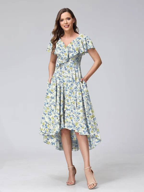 A-Line/Princess V-Neck Short Sleeves Ruffles Floral Bridesmaid Dresses sold by Lavetir