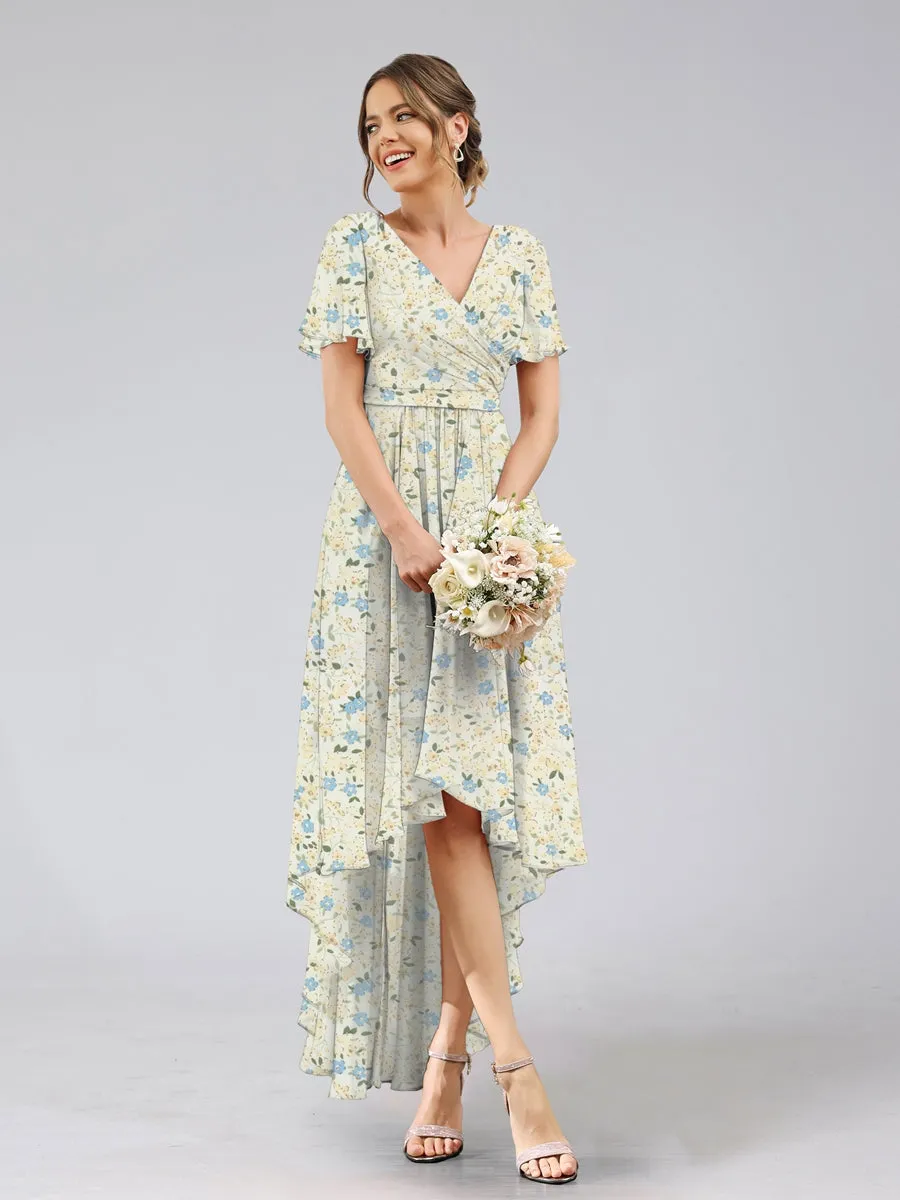 A-Line/Princess V-Neck Short Sleeves Ruched Floral Bridesmaid Dresses sold by Lavetir product image thumbnail 5