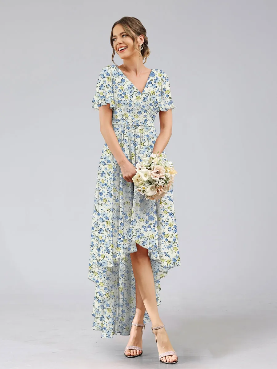 A-Line/Princess V-Neck Short Sleeves Ruched Floral Bridesmaid Dresses sold by Lavetir