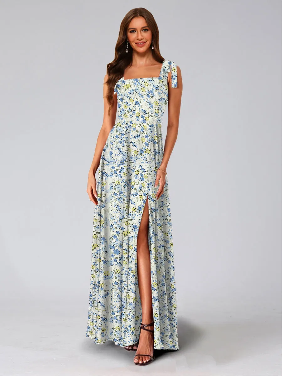 A-Line/Princess Square Neck Sleeveless Split Side Floral Bridesmaid Dresses sold by Lavetir