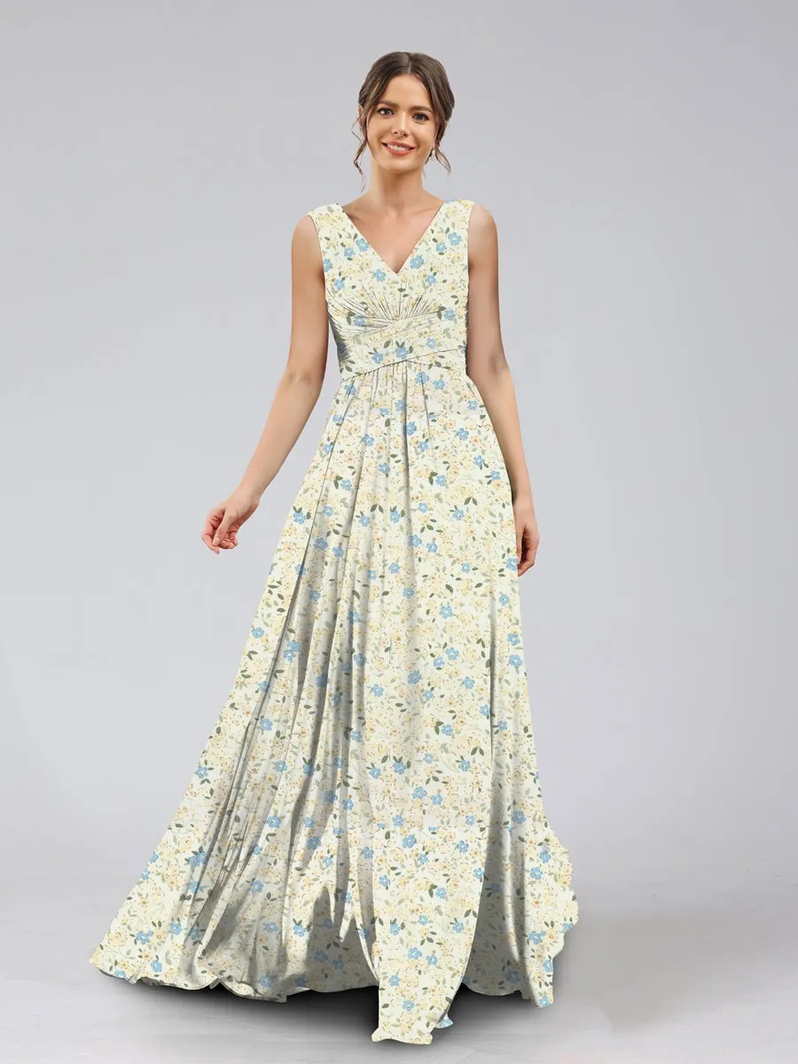 A-Line/Princess V-Neck Sleeveless Ruched Floral Bridesmaid Dresses sold by Lavetir product image thumbnail 3