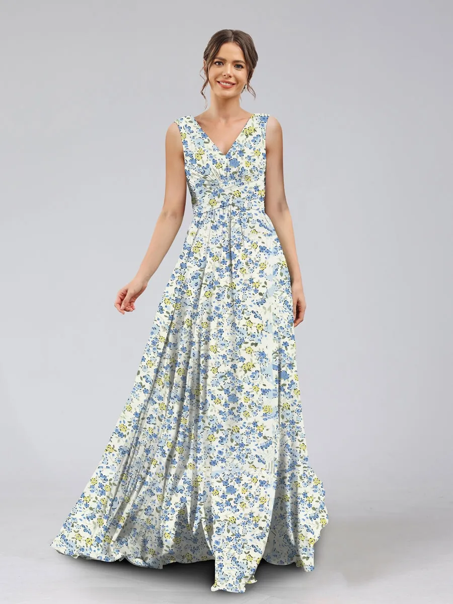 A-Line/Princess V-Neck Sleeveless Ruched Floral Bridesmaid Dresses sold by Lavetir