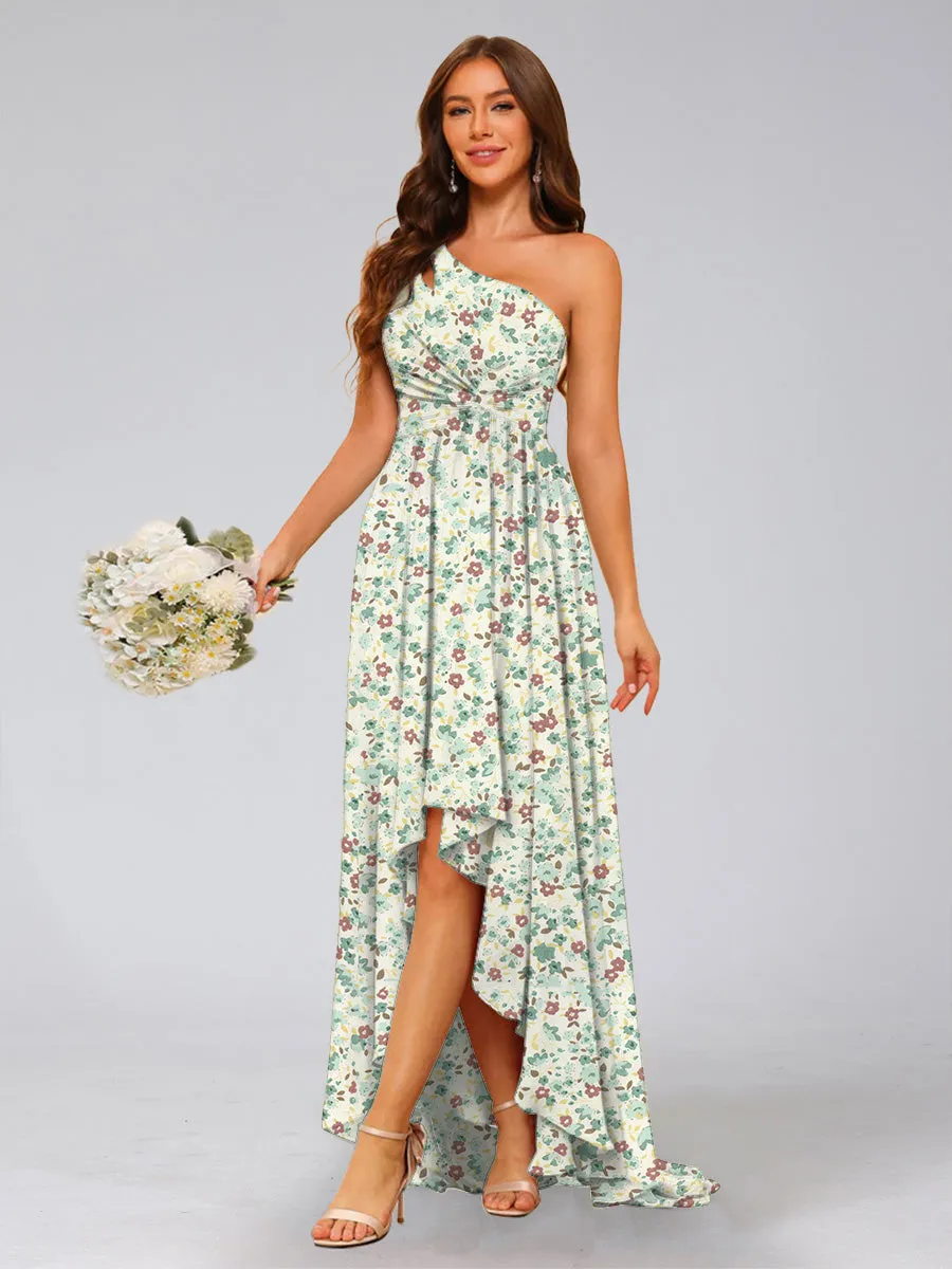 A-Line/Princess One-Shoulder Sleeveless Ruched Floral Bridesmaid Dresses sold by Lavetir