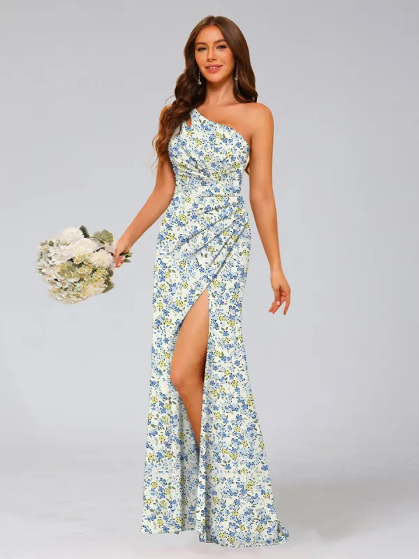Trumpet/Mermaid One-Shoulder Sleeveless Split Side Floral Bridesmaid Dresses sold by Lavetir