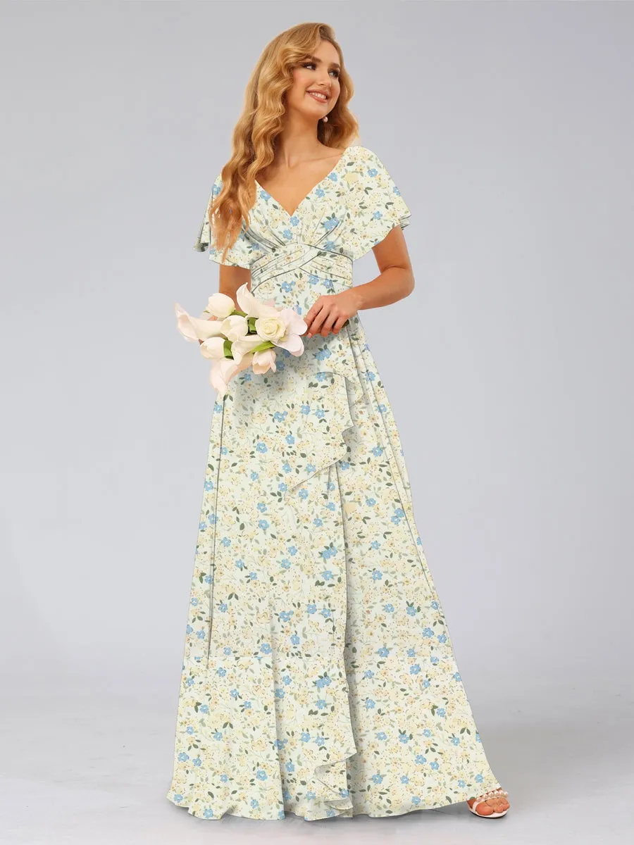 A-Line/Princess V-Neck Short Sleeves Ruffles Floral Bridesmaid Dresses sold by Lavetir product image thumbnail 3