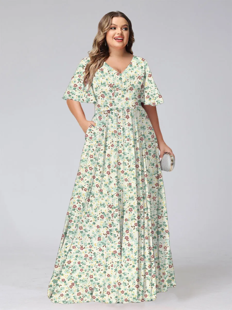 A-Line/Princess V-Neck Short Sleeves Ruched Plus Size Floral Bridesmaid Dresses sold by Lavetir
