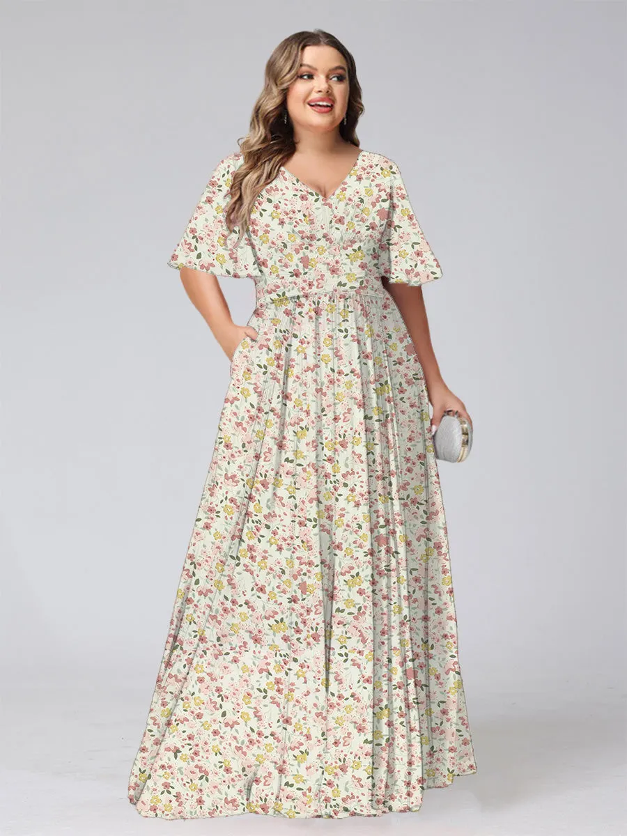 A-Line/Princess V-Neck Short Sleeves Ruched Plus Size Floral Bridesmaid Dresses sold by Lavetir product image thumbnail 3