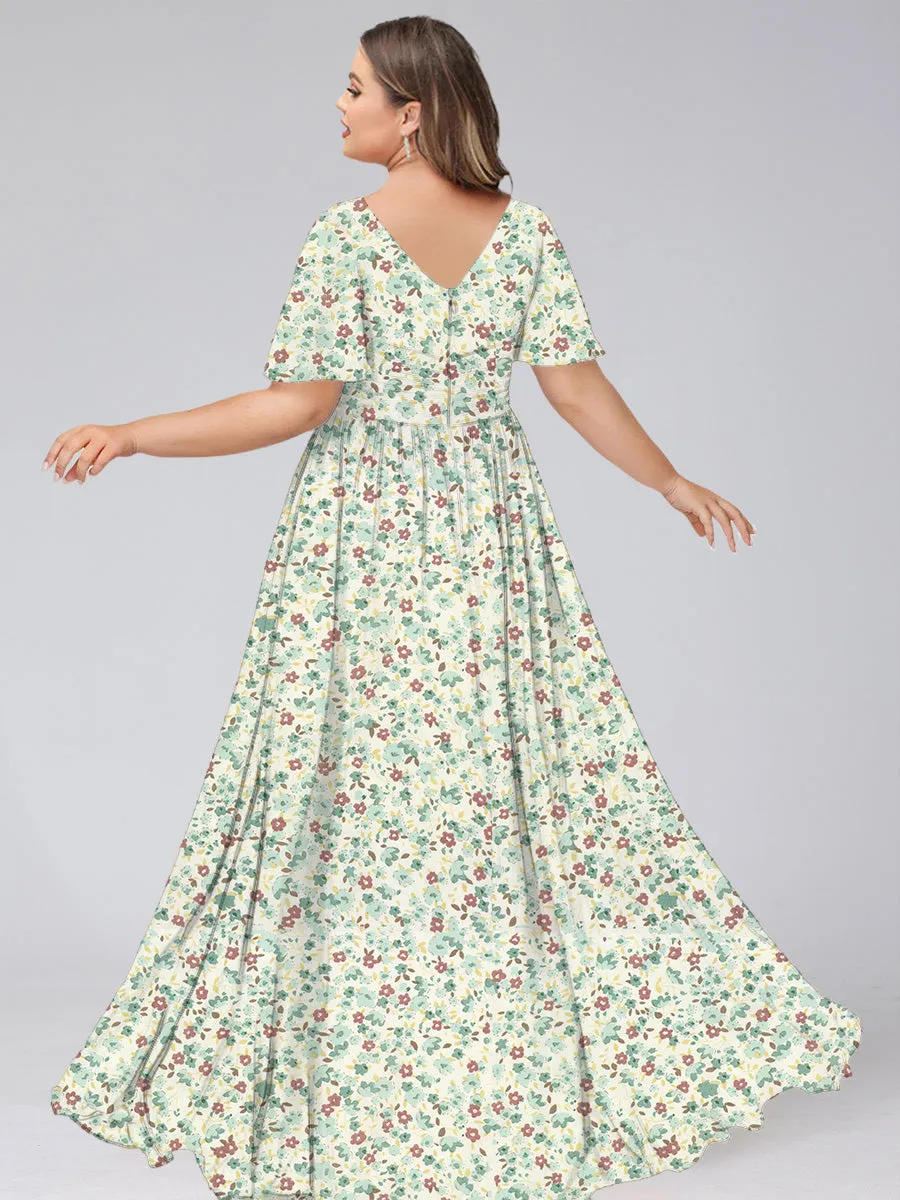 A-Line/Princess V-Neck Short Sleeves Ruched Plus Size Floral Bridesmaid Dresses sold by Lavetir product image thumbnail 2