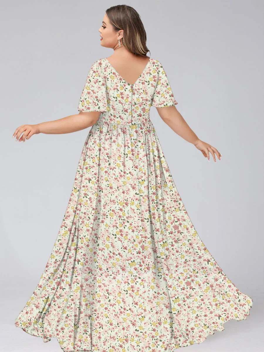 A-Line/Princess V-Neck Short Sleeves Ruched Plus Size Floral Bridesmaid Dresses sold by Lavetir product image thumbnail 4