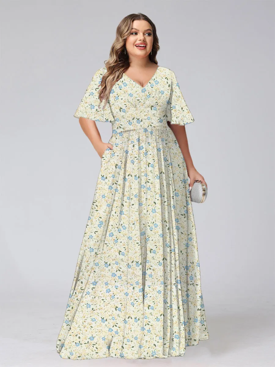 A-Line/Princess V-Neck Short Sleeves Ruched Plus Size Floral Bridesmaid Dresses sold by Lavetir product image thumbnail 5