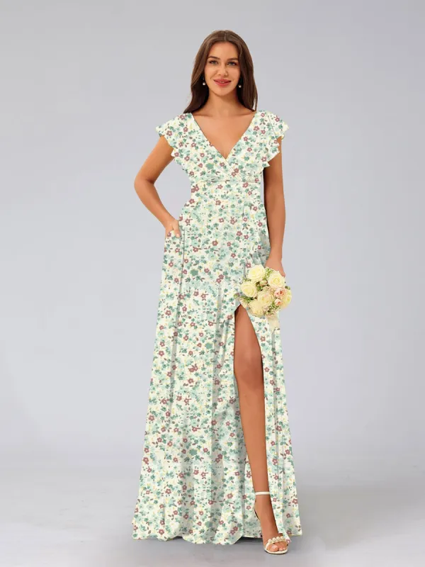 A-Line/Princess V-Neck Sleeveless Split Side Floral Bridesmaid Dresses sold by Lavetir