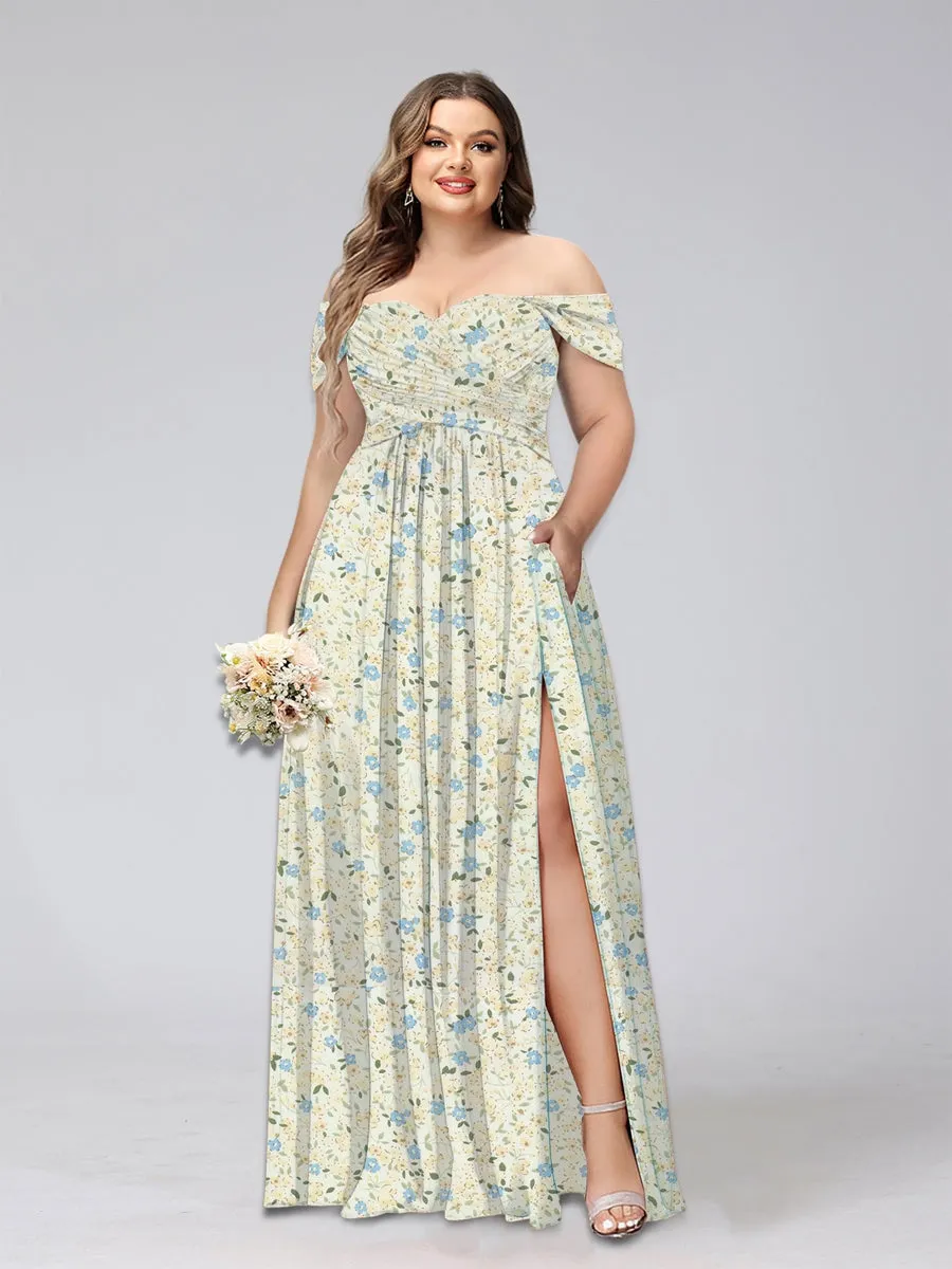 A-Line/Princess Off-the-Shoulder Short Sleeves Split Side Plus Size Floral Bridesmaid Dresses sold by Lavetir product image thumbnail 3