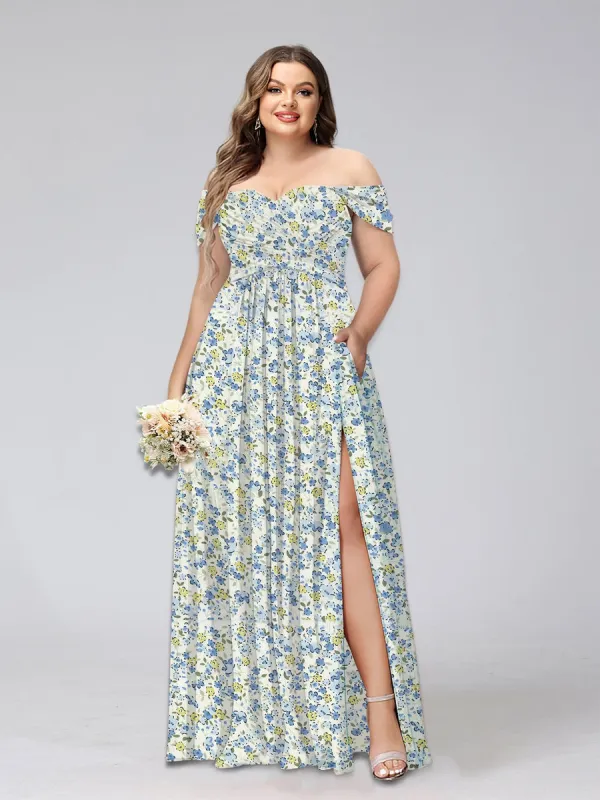 A-Line/Princess Off-the-Shoulder Short Sleeves Split Side Plus Size Floral Bridesmaid Dresses sold by Lavetir