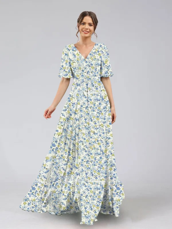 A-Line/Princess V-Neck Half Sleeves Ruched Floral Bridesmaid Dresses sold by Lavetir