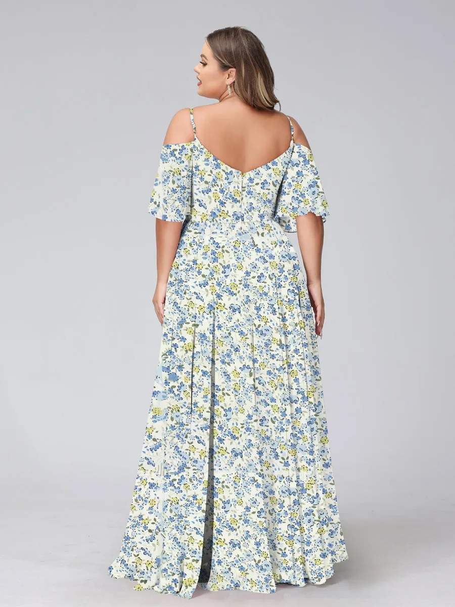 A-Line/Princess Cold Shoulder Short Sleeves Ruched Plus Size Floral Bridesmaid Dresses sold by Lavetir product image thumbnail 2
