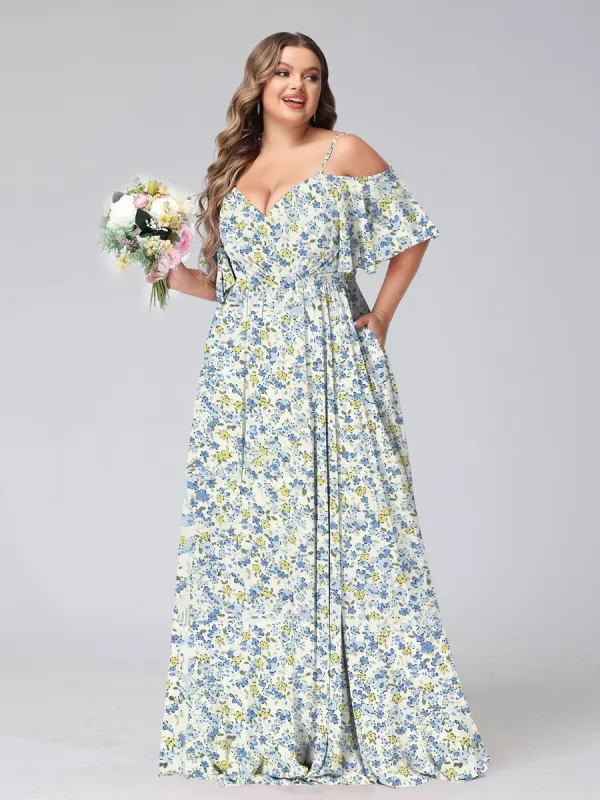 A-Line/Princess Cold Shoulder Short Sleeves Ruched Plus Size Floral Bridesmaid Dresses sold by Lavetir