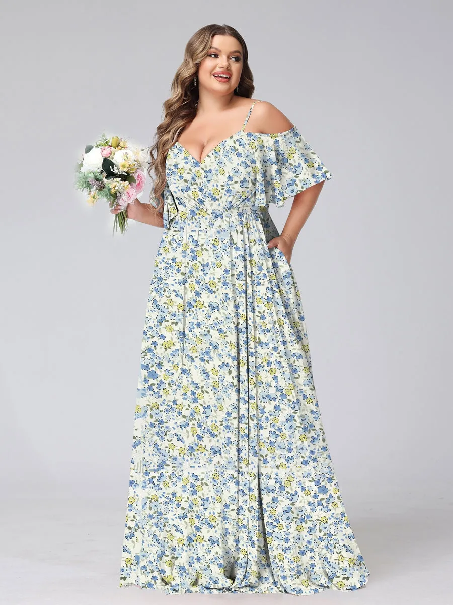 A-Line/Princess Cold Shoulder Short Sleeves Ruched Plus Size Floral Bridesmaid Dresses sold by Lavetir