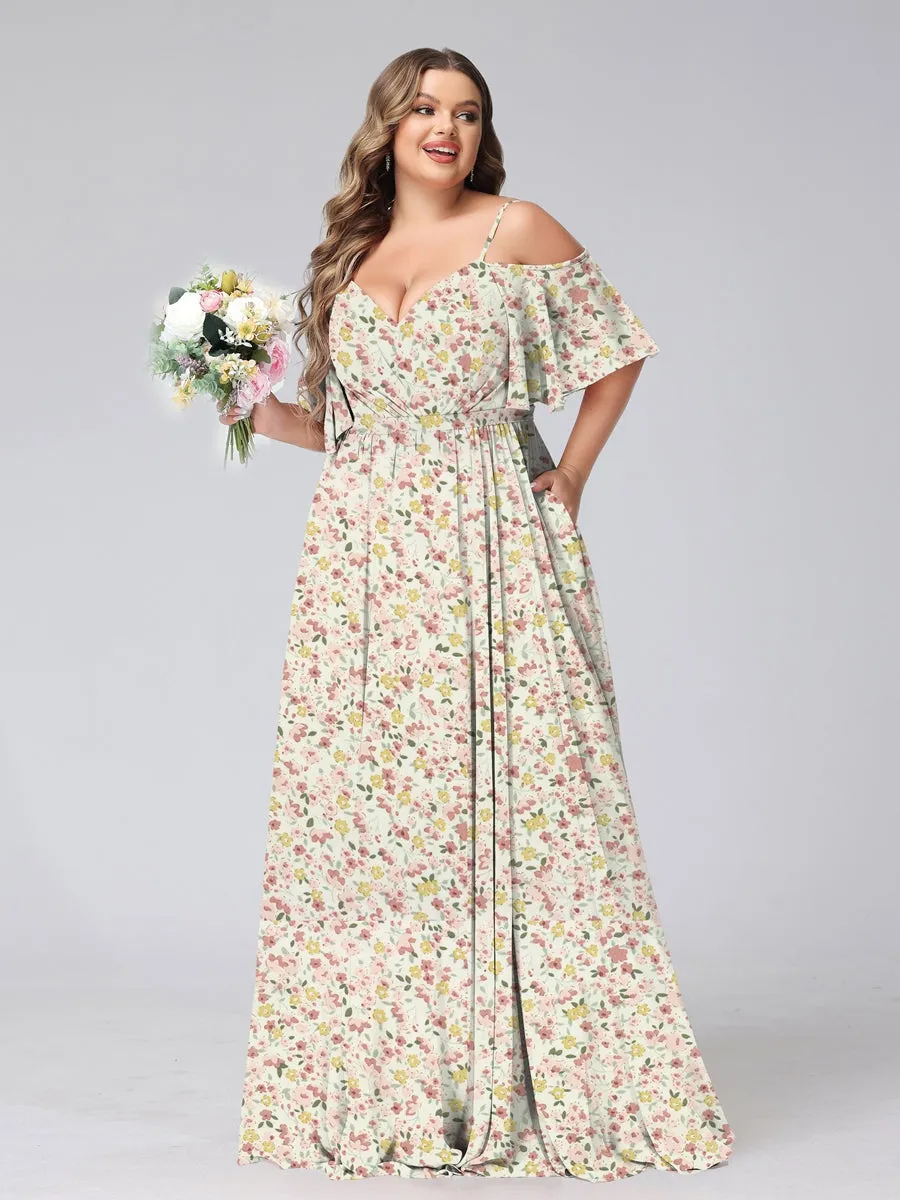 A-Line/Princess Cold Shoulder Short Sleeves Ruched Plus Size Floral Bridesmaid Dresses sold by Lavetir product image thumbnail 5