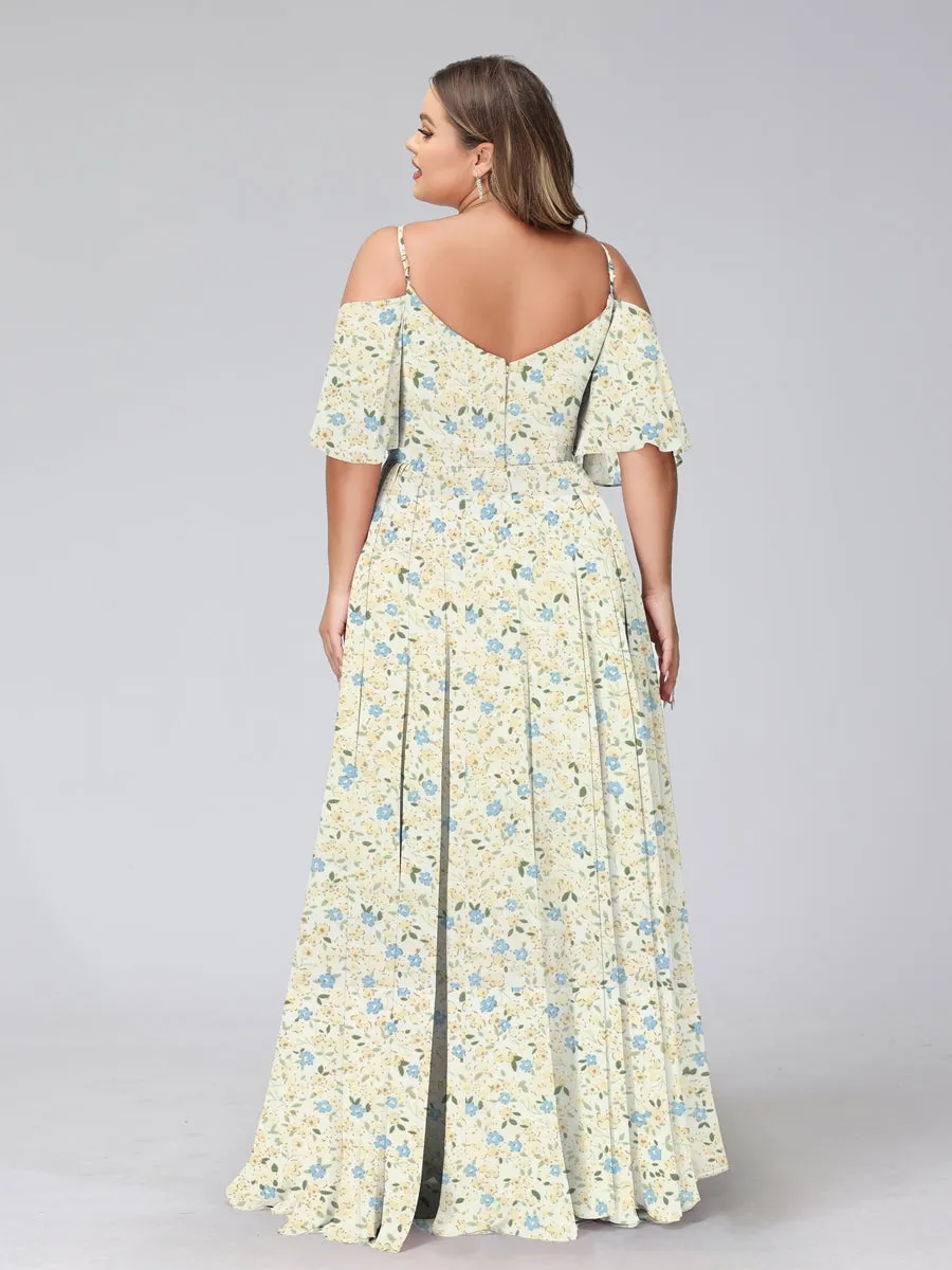 A-Line/Princess Cold Shoulder Short Sleeves Ruched Plus Size Floral Bridesmaid Dresses sold by Lavetir product image thumbnail 4