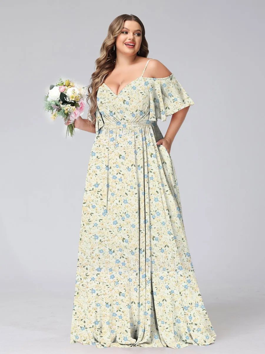 A-Line/Princess Cold Shoulder Short Sleeves Ruched Plus Size Floral Bridesmaid Dresses sold by Lavetir product image thumbnail 3