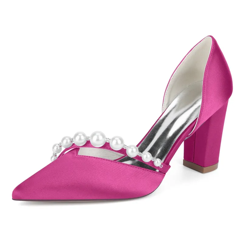 Women's Silk Satin Closed Toe With Pearl Chunky Heel Wedding Shoes sold by Lavetir