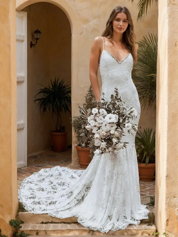 Trumpet/Mermaid V-Neck Sleeveless Ruched Lace Wedding Dresses sold by Lavetir
