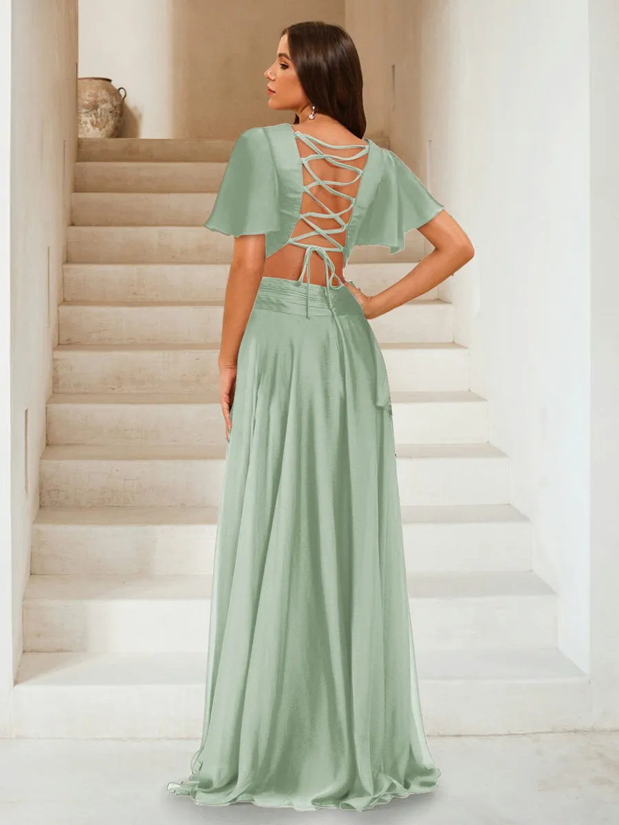 A-Line/Princess V-Neck Short Sleeves Long Bridesmaid Dresses with Split Side sold by Lavetir product image thumbnail 2