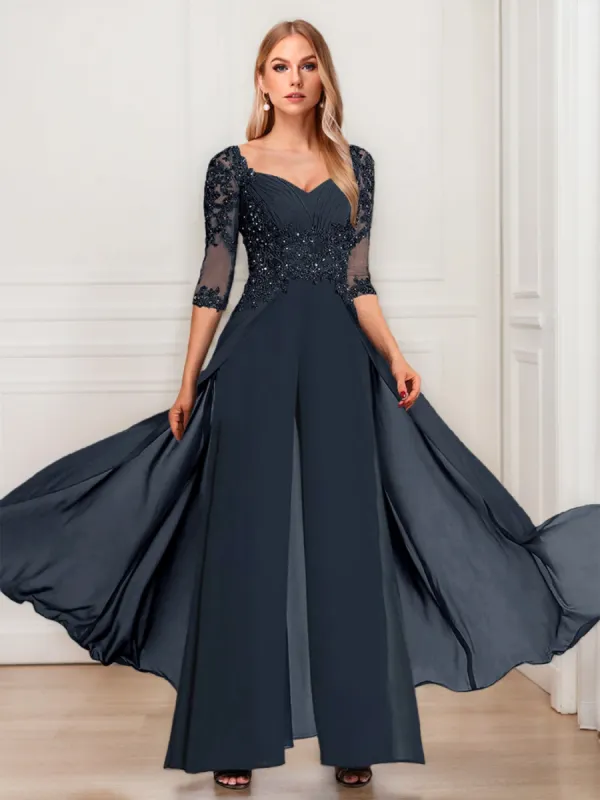 Sheath/Column V-Neck Half Sleeves Mother of the Bride Pantsuits with Applique sold by Lavetir