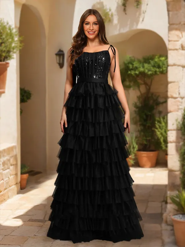 A-Line/Princess Spaghetti Straps Sleeveless Tiered Prom Dresses sold by Lavetir