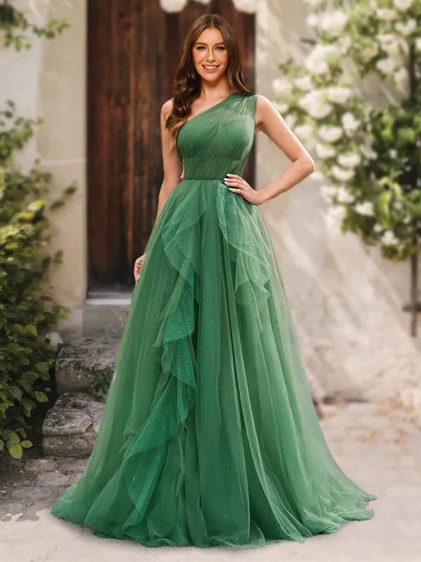A-Line/Princess One-Shoulder Sleeveless Ruffles Prom Dresses sold by Lavetir