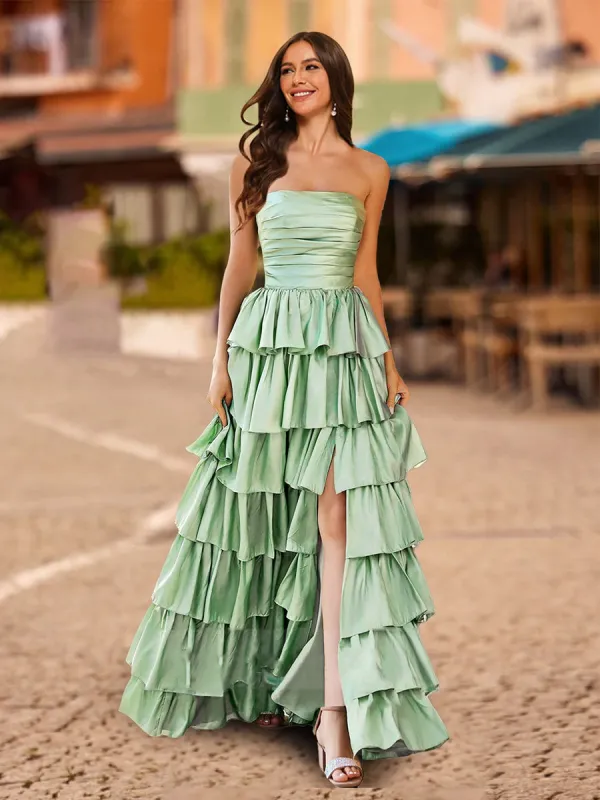 A-Line/Princess Strapless Ruffle Tiered Prom Dresses with Split Side sold by Lavetir