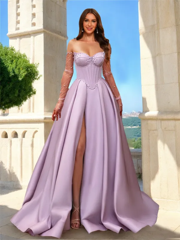 A-Line/Princess Strapless Corset Sheer Long Sleeves Prom Dresses with Pearls sold by Lavetir