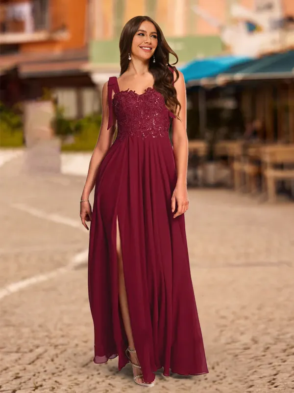 A-Line/Princess Tie Straps Sweetheart Long Prom Dresses with Sequin Appliques sold by Lavetir