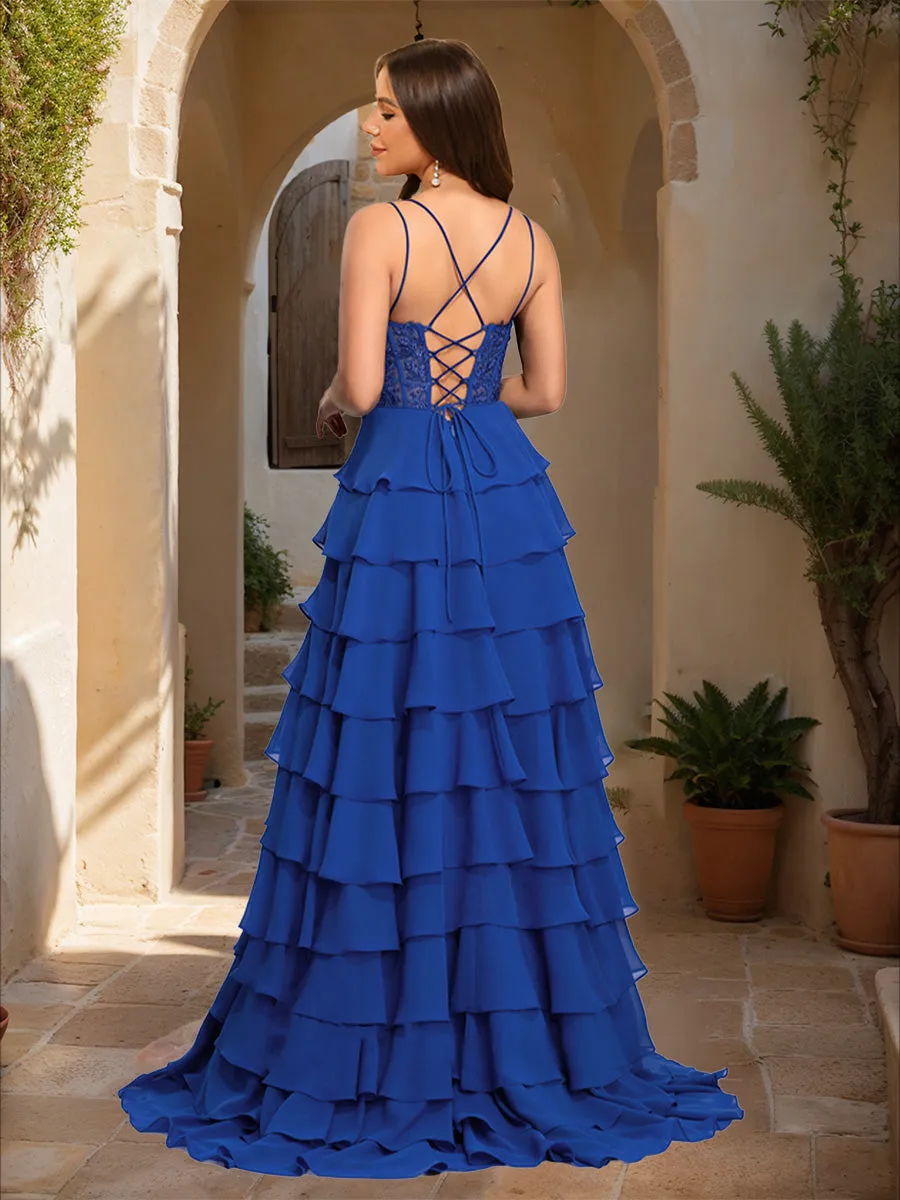 A-Line/Princess Straps Sheer Corset Lace Ruffle Prom Dresses with Appliques sold by Lavetir product image thumbnail 2