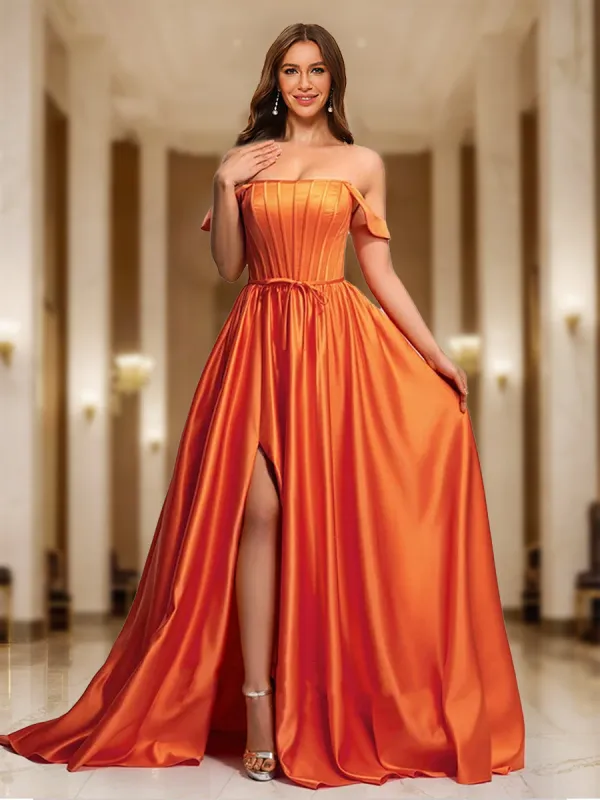 A-Line/Princess Off-the-Shoulder Long Prom Dresses with Split Side sold by Lavetir