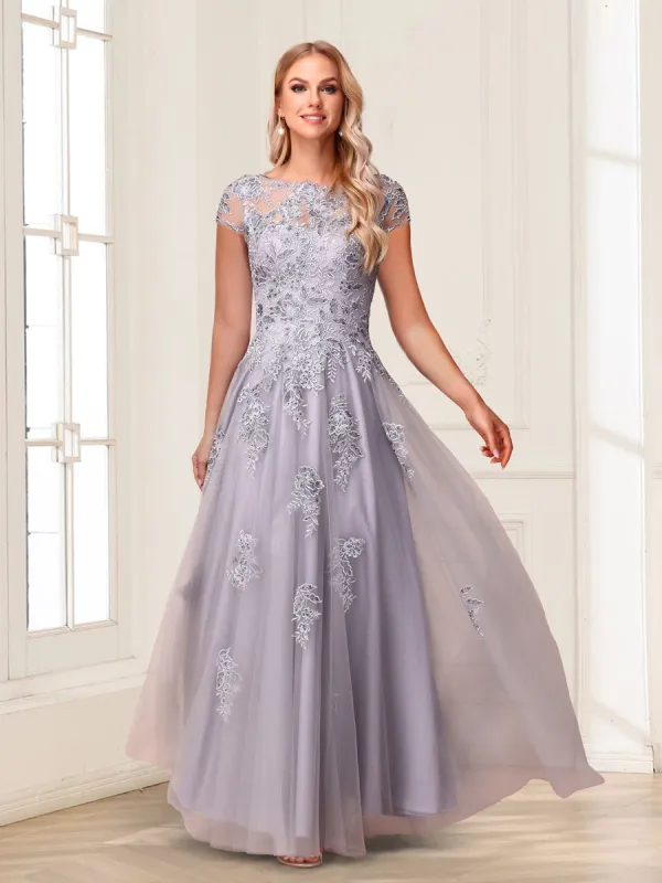 A-Line/Princess Sheer Neck Short Sleeves Long Formal Evening Dresses with Beading & Appliques sold by Lavetir
